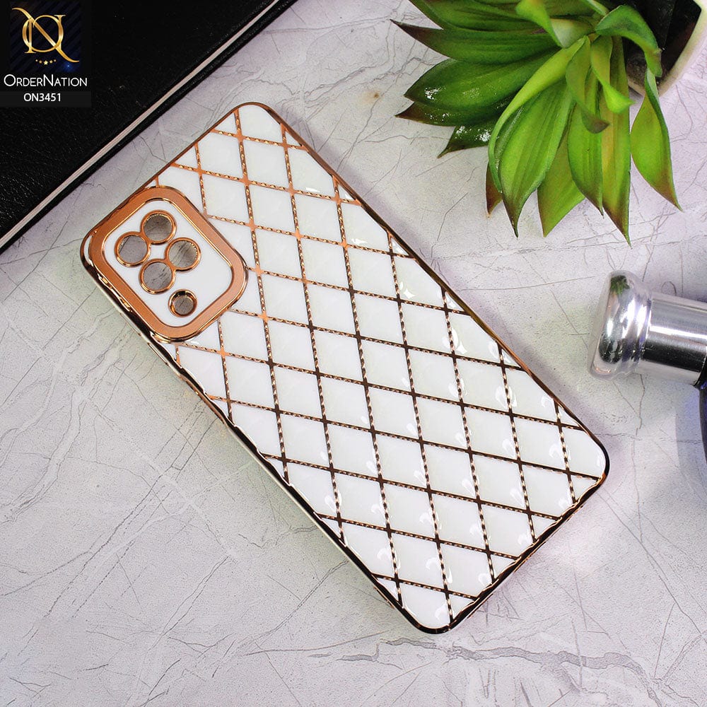Samsung Galaxy A12 Cover - White - Soft TPU Shiny Electroplated Golden Lines Camera Protection Case