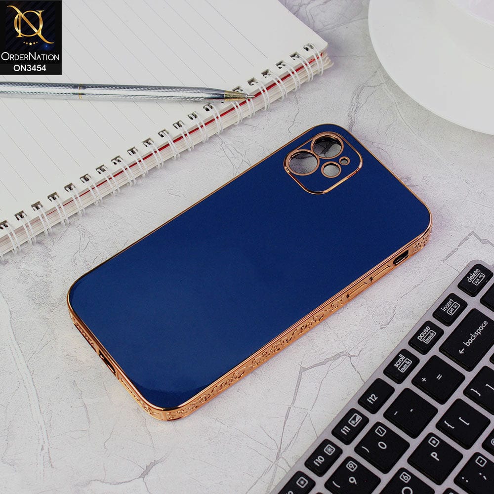 iPhone 11 Cover - Dark Blue - Shiny Look Gold Electroplated Borders Soft Silicone Camera Protection Case