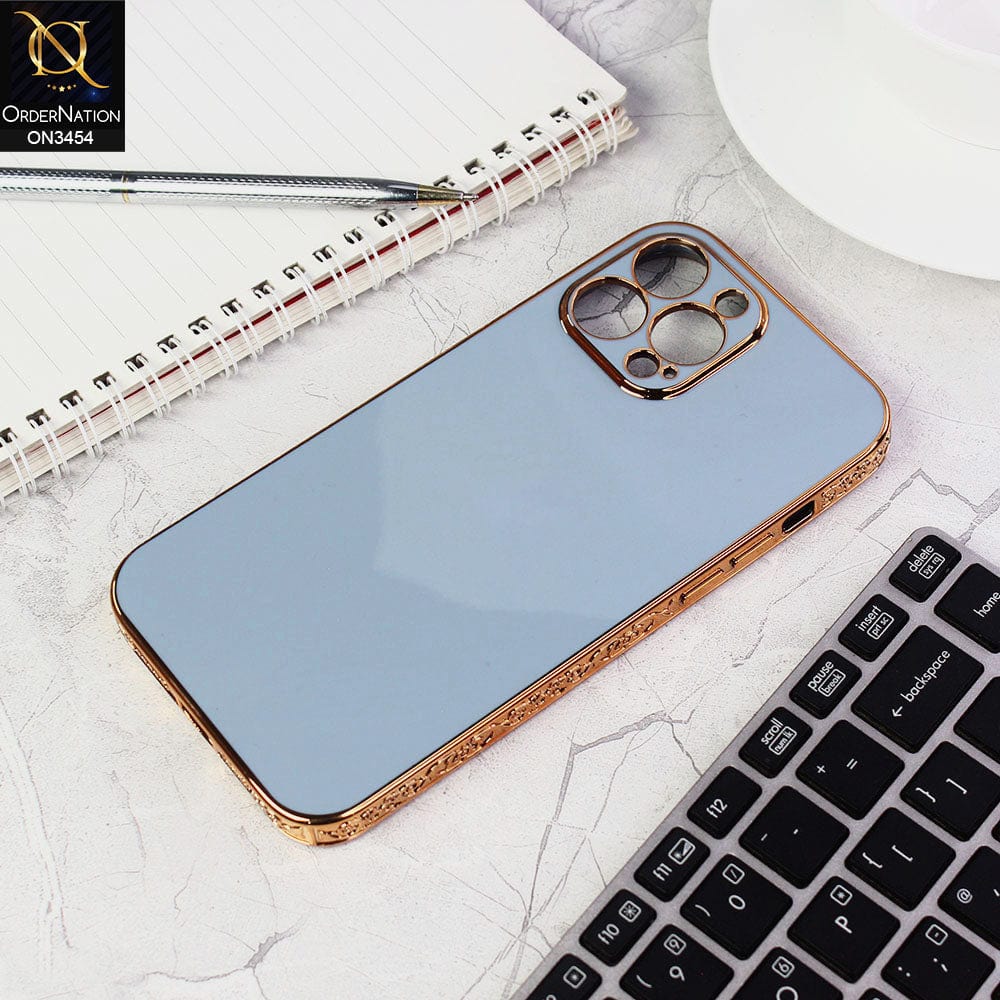 iPhone 12 Pro Max Cover - Sierra Blue - Shiny Look Gold Electroplated Borders Soft Silicone Camera Protection Case