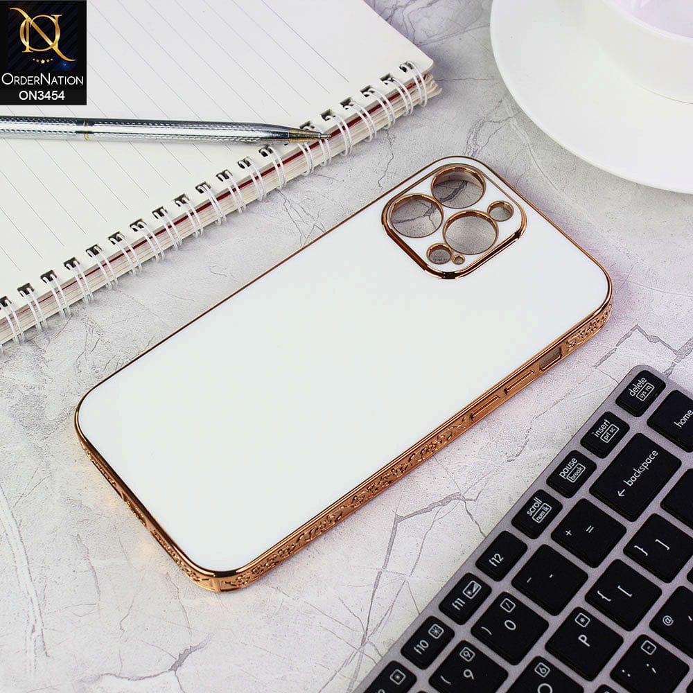 iPhone 12 Pro Max Cover - White - Shiny Look Gold Electroplated Borders Soft Silicone Camera Protection Case