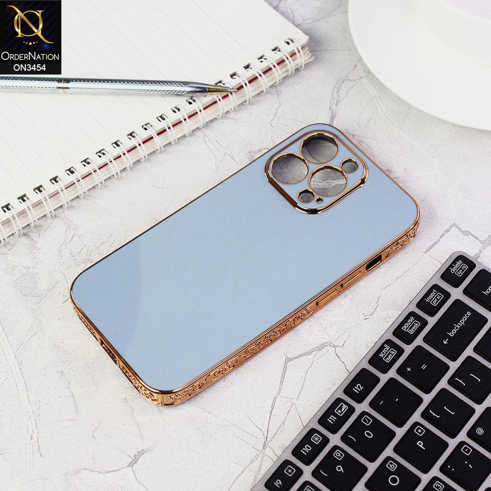 iPhone 13 Pro Cover - Sierra Blue - Shiny Look Gold Electroplated Borders Soft Silicone Camera Protection Case