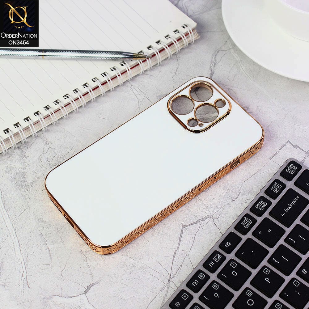 iPhone 13 Pro Cover - White - Shiny Look Gold Electroplated Borders Soft Silicone Camera Protection Case