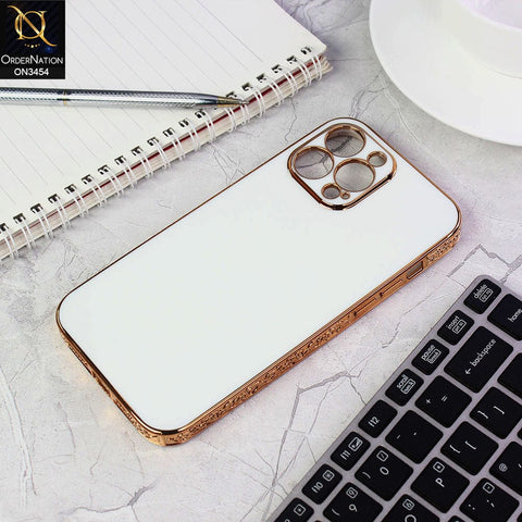 iPhone 13 Pro Max Cover - White - Shiny Look Gold Electroplated Borders Soft Silicone Camera Protection Case