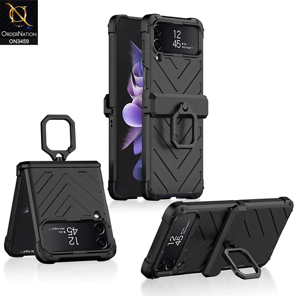 Samsung Galaxy Z Flip 3 5G Cover - Black - Magnetic Hinge Anti-Drop Shockproof Hard Case with Ring Holder