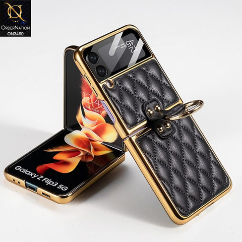 Samsung Galaxy Z Flip 3 5G Cover - Black - Woven Leather Pattern Electroplated Edges Hard Case with Ring Holder