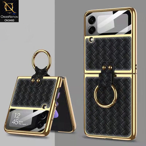 Samsung Galaxy Z Flip 3 5G Cover - Black - Woven Leather Pattern Electroplated Edges Hard Case with Ring Holder