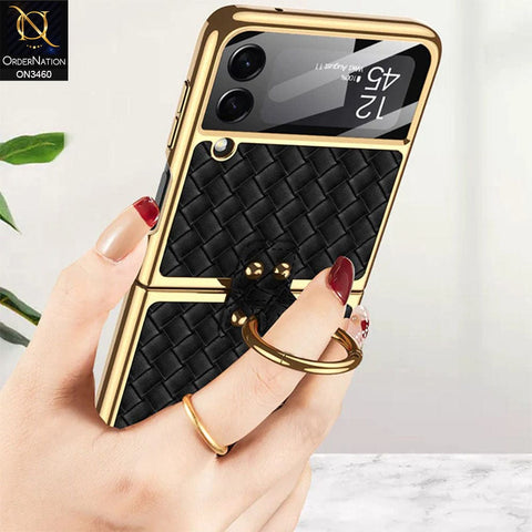 Samsung Galaxy Z Flip 4 5G Cover - Green - Woven Leather Pattern Electroplated Edges Hard Case with Ring Holder