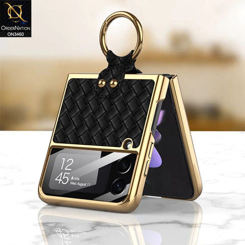 Samsung Galaxy Z Flip 3 5G Cover - Black - Woven Leather Pattern Electroplated Edges Hard Case with Ring Holder