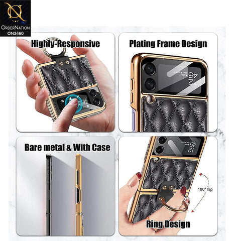 Samsung Galaxy Z Flip 3 5G Cover - Black - Woven Leather Pattern Electroplated Edges Hard Case with Ring Holder