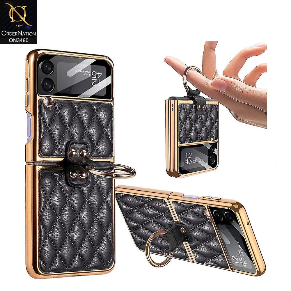 Samsung Galaxy Z Flip 3 5G Cover - Black - Woven Leather Pattern Electroplated Edges Hard Case with Ring Holder