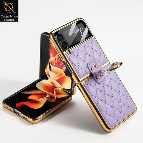 Samsung Galaxy Z Flip 3 5G Cover - Purple - Woven Leather Pattern Electroplated Edges Hard Case with Ring Holder