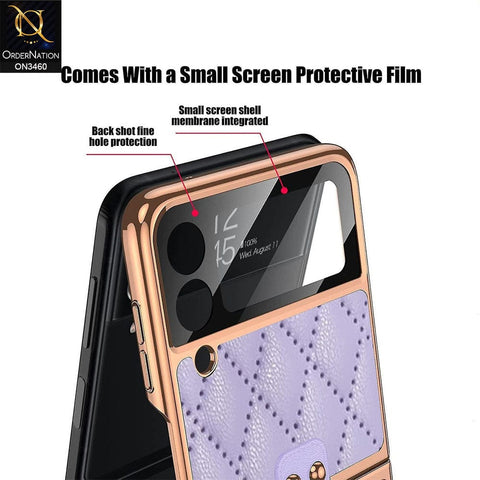 Samsung Galaxy Z Flip 3 5G Cover - Purple - Woven Leather Pattern Electroplated Edges Hard Case with Ring Holder