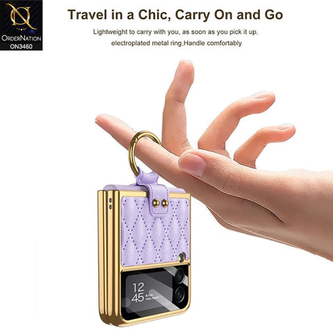 Samsung Galaxy Z Flip 3 5G Cover - Purple - Woven Leather Pattern Electroplated Edges Hard Case with Ring Holder