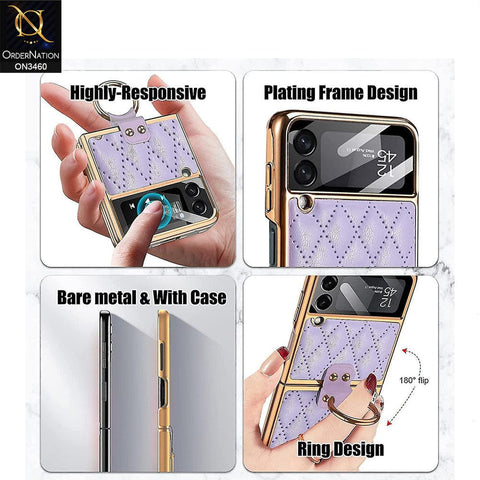 Samsung Galaxy Z Flip 3 5G Cover - Purple - Woven Leather Pattern Electroplated Edges Hard Case with Ring Holder