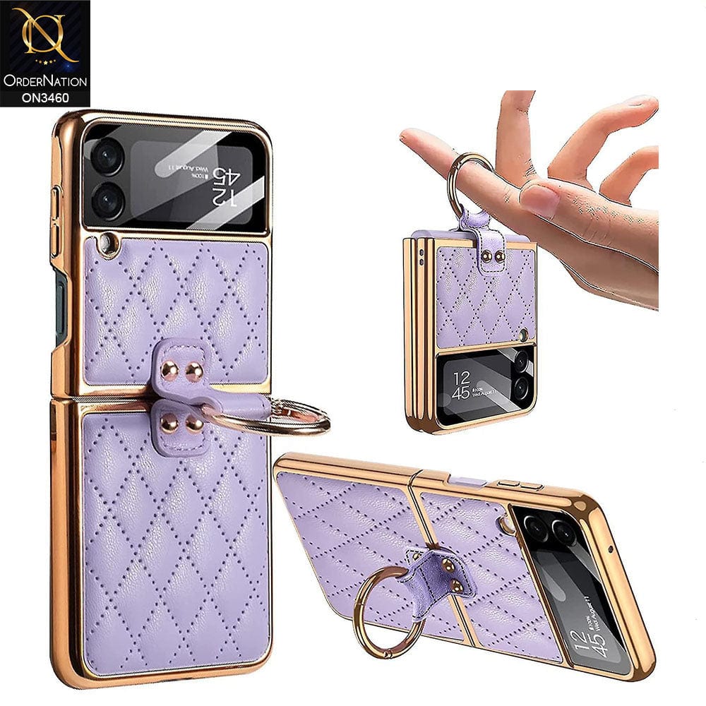 Samsung Galaxy Z Flip 3 5G Cover - Purple - Woven Leather Pattern Electroplated Edges Hard Case with Ring Holder
