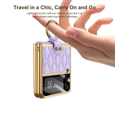 Samsung Galaxy Z Flip 4 5G Cover - Sky Blue - Woven Leather Pattern Electroplated Edges Hard Case with Ring Holder