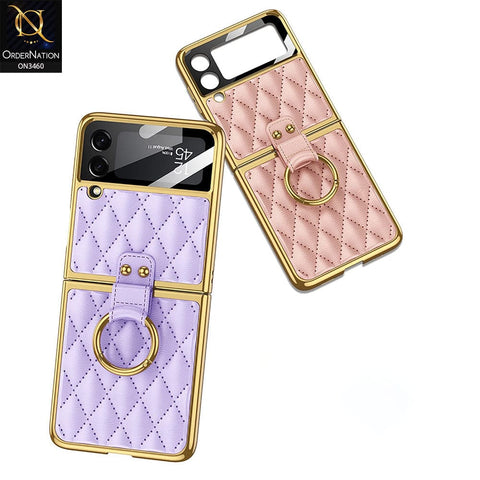 Samsung Galaxy Z Flip 4 5G Cover - Green - Woven Leather Pattern Electroplated Edges Hard Case with Ring Holder