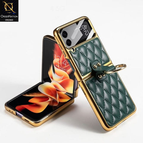 Samsung Galaxy Z Flip 4 5G Cover - Green - Woven Leather Pattern Electroplated Edges Hard Case with Ring Holder