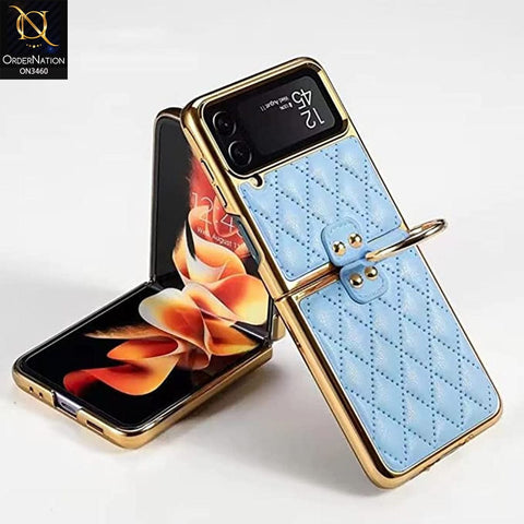 Samsung Galaxy Z Flip 4 5G Cover - Sky Blue - Woven Leather Pattern Electroplated Edges Hard Case with Ring Holder