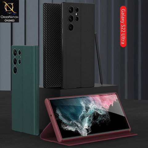 Samsung Galaxy S22 Ultra 5G Cover - Maroon - Soft Silicone TPU Leather Flip Book Protective Case