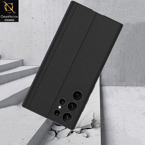 Samsung Galaxy S22 Ultra 5G Cover - Black Design 2 - Carbon Fiber Texture TPU Leather Flip Book Soft Protective Case