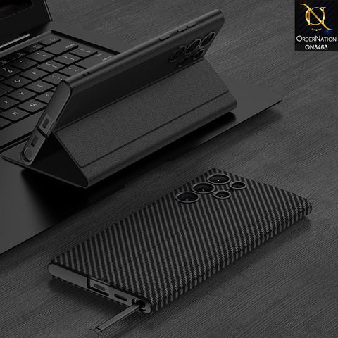 Samsung Galaxy S22 Ultra 5G Cover - Black Design 2 - Carbon Fiber Texture TPU Leather Flip Book Soft Protective Case
