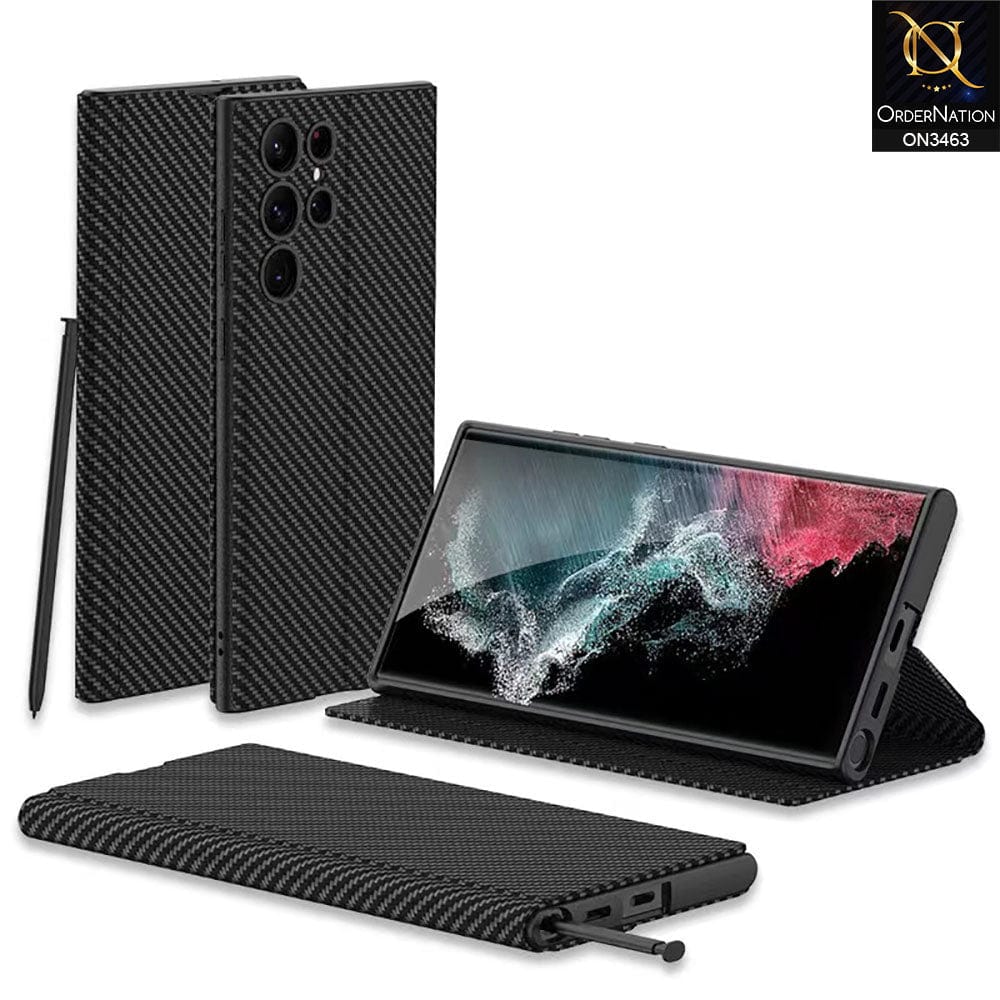 Samsung Galaxy S22 Ultra 5G Cover - Black Design 2 - Carbon Fiber Texture TPU Leather Flip Book Soft Protective Case