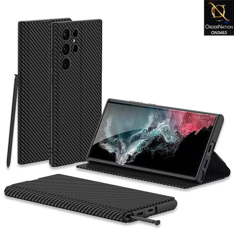 Samsung Galaxy S22 Ultra 5G Cover - Black Design 2 - Carbon Fiber Texture TPU Leather Flip Book Soft Protective Case