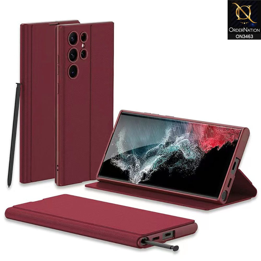 Samsung Galaxy S22 Ultra 5G Cover - Maroon - Soft Silicone TPU Leather Flip Book Protective Case