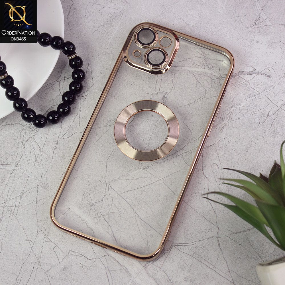 iPhone 14 Plus Cover - Golden - Soft Color Borders Logo Hole With Camera Protection Clear Back Case