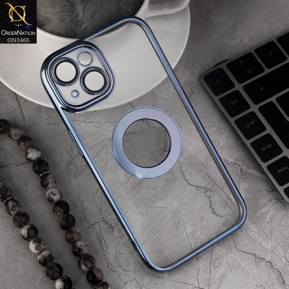 iPhone 15 Cover - Blue - Soft Color Borders Logo Hole With Camera Protection Clear Back Case