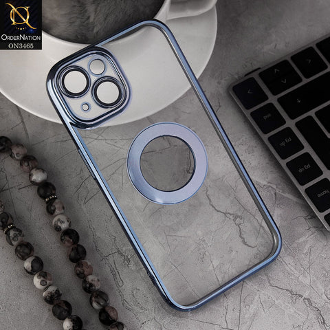 iPhone 15 Cover - Blue - Soft Color Borders Logo Hole With Camera Protection Clear Back Case