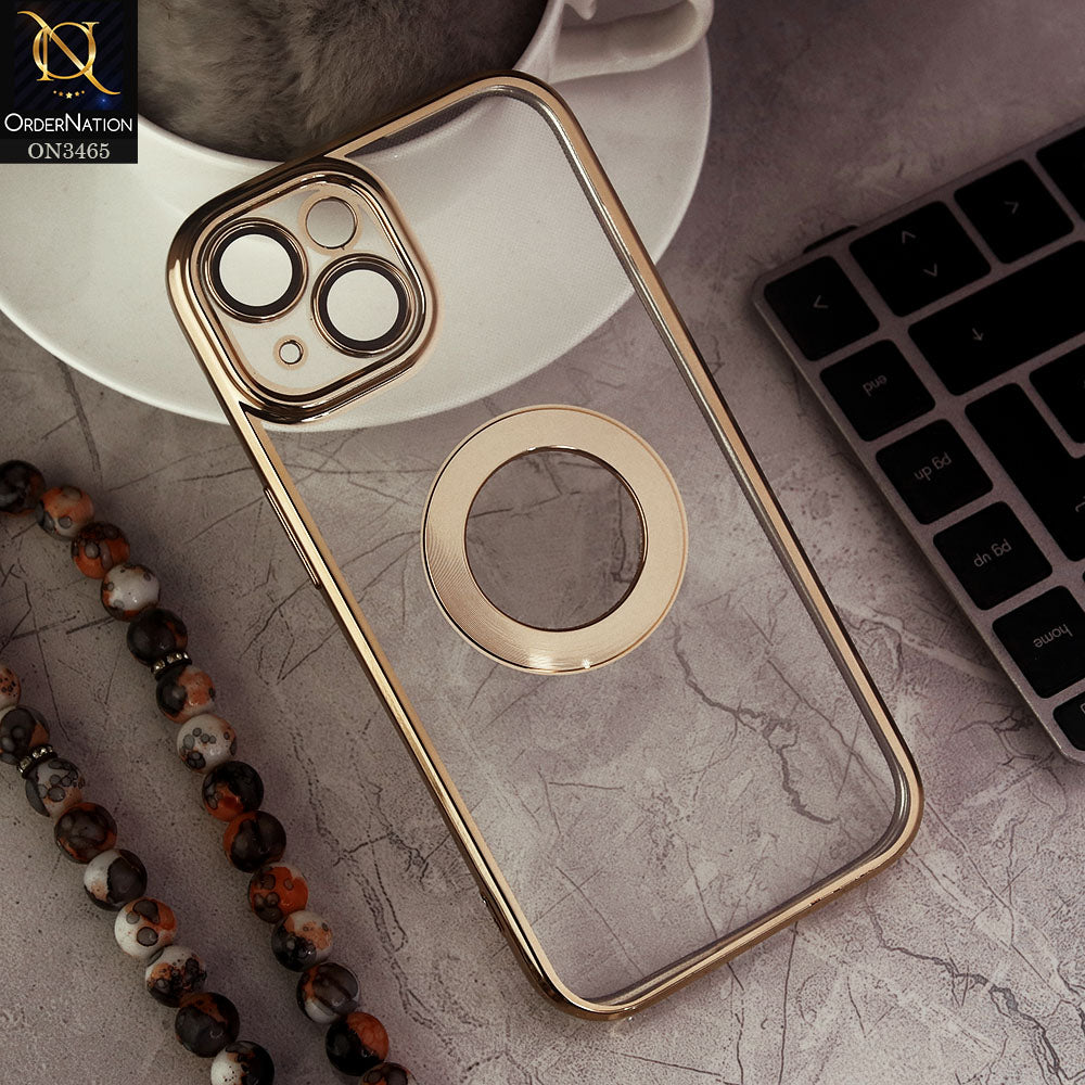 iPhone 15 Cover - Golden - Soft Color Borders Logo Hole With Camera Protection Clear Back Case