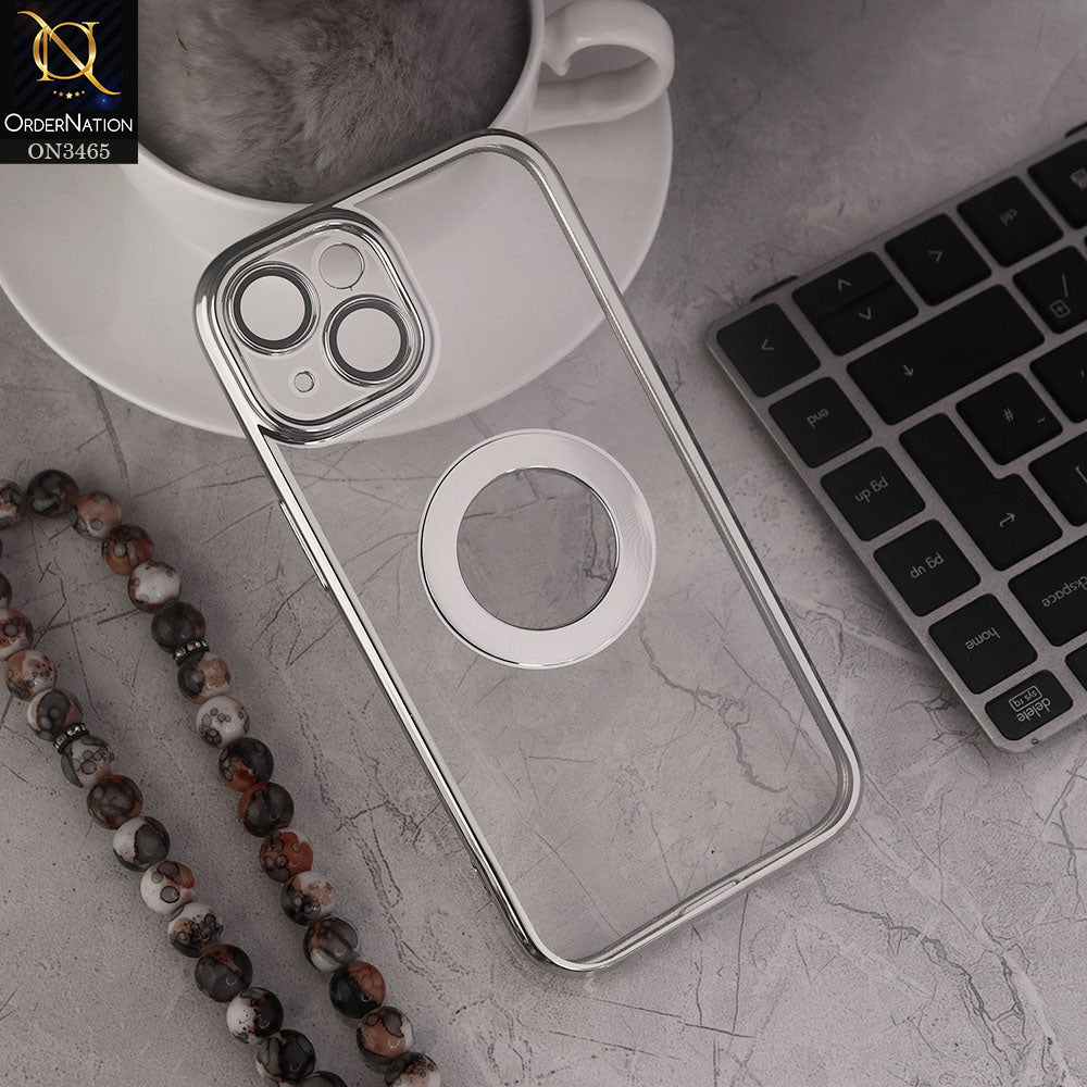 iPhone 15 Cover - Silver - Soft Color Borders Logo Hole With Camera Protection Clear Back Case
