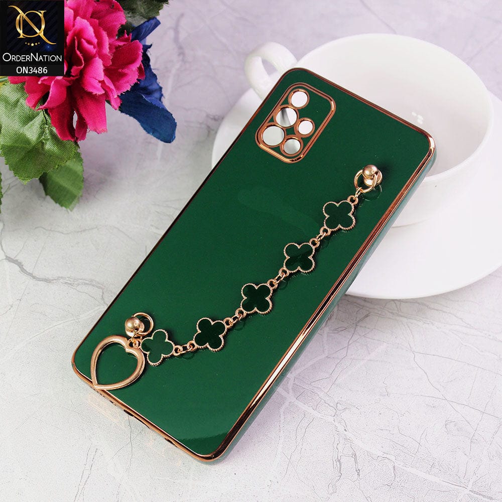 Samsung Galaxy A51 Cover - Green - Electroplated Edges Soft Silicone Flower Chain Finger Holder Case
