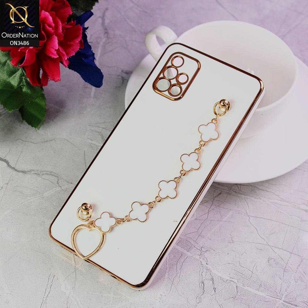 Samsung Galaxy A51 Cover - White - Electroplated Edges Soft Silicone Flower Chain Finger Holder Case