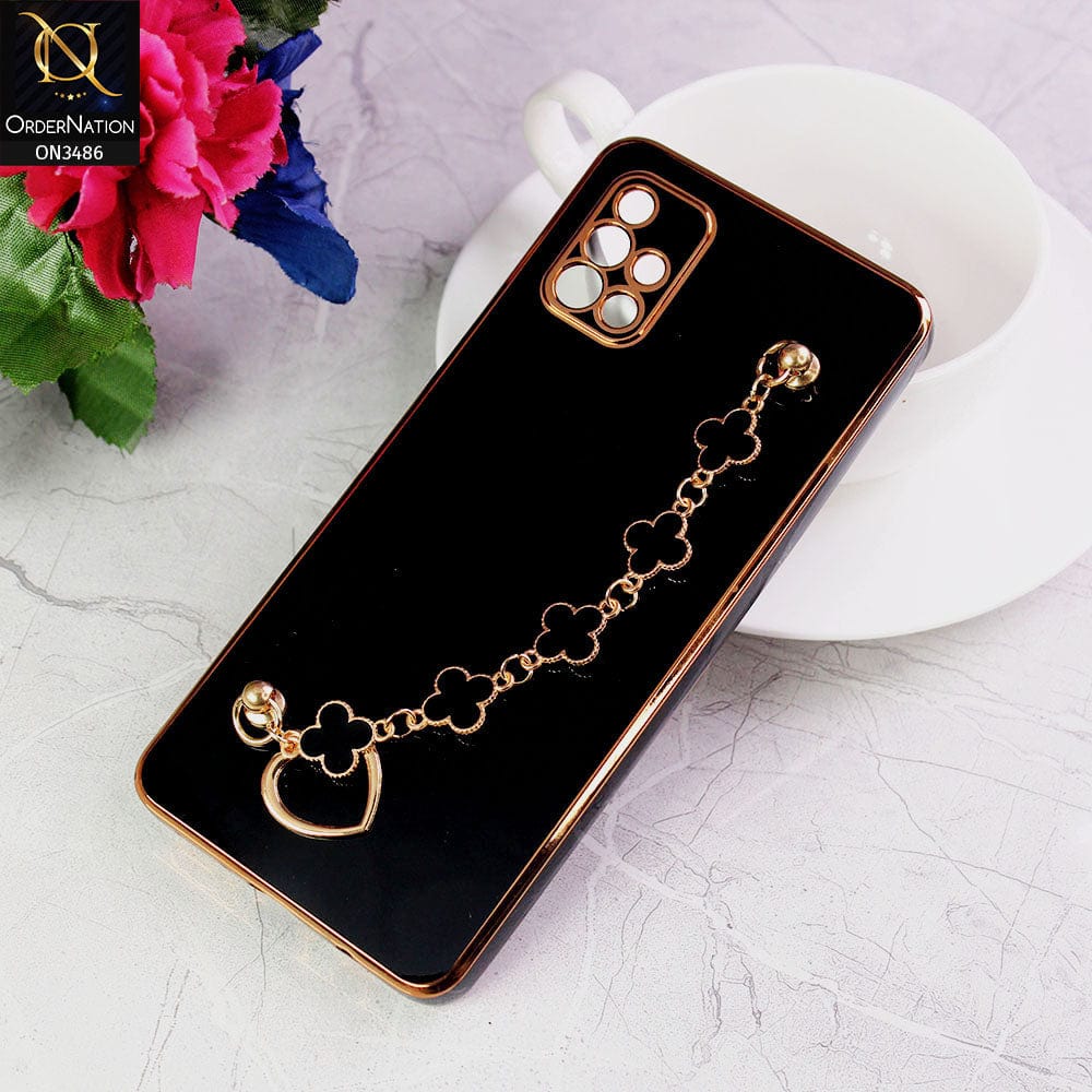 Samsung Galaxy A71 Cover - Black - Electroplated Edges Soft Silicone Flower Chain Finger Holder Case