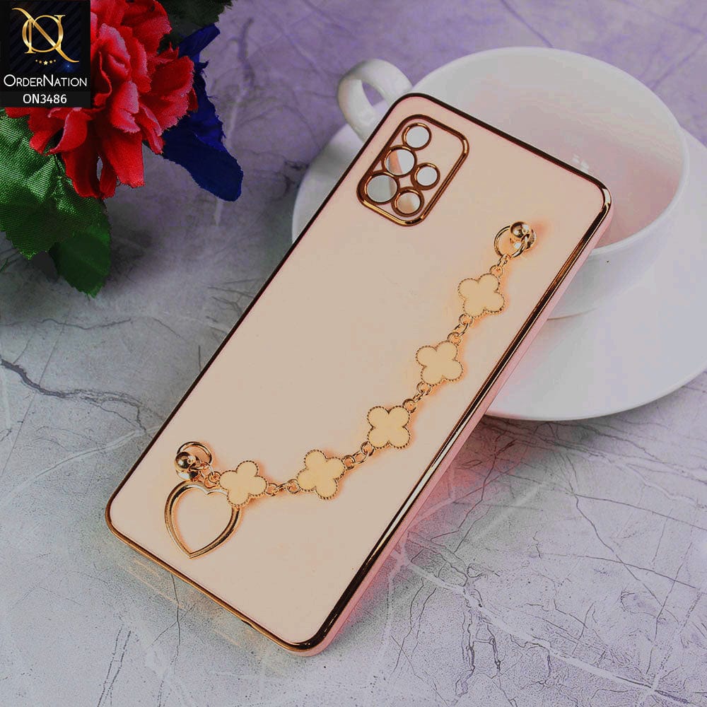 Samsung Galaxy A71 Cover - Pink - Electroplated Edges Soft Silicone Flower Chain Finger Holder Case