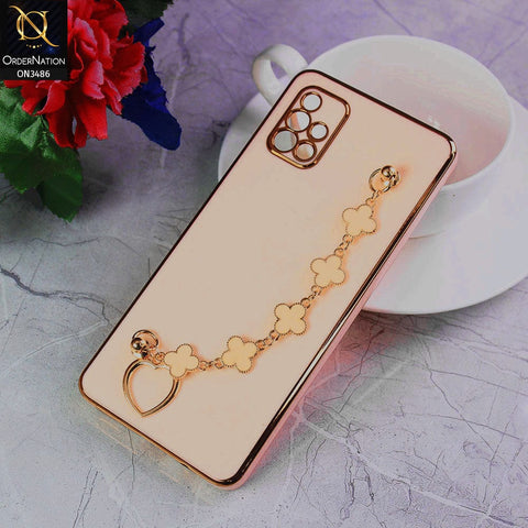 Samsung Galaxy A71 Cover - Pink - Electroplated Edges Soft Silicone Flower Chain Finger Holder Case