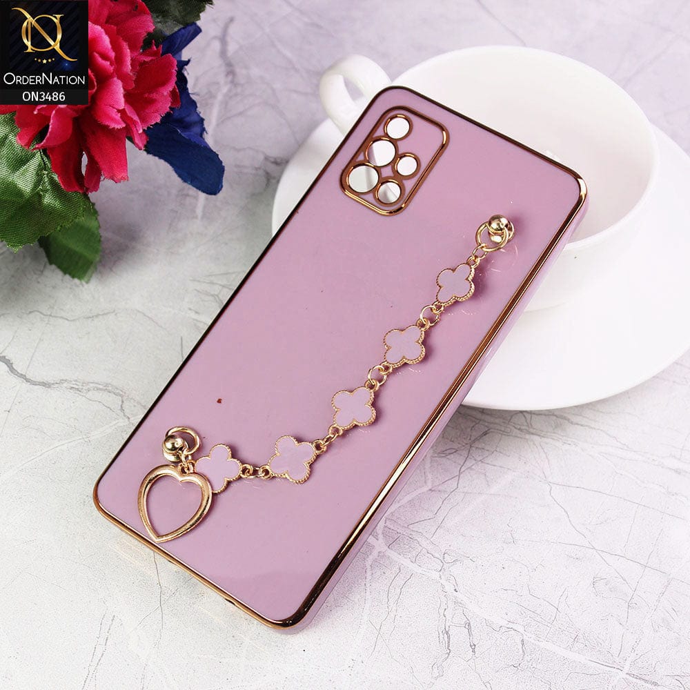 Samsung Galaxy A71 Cover - Purple - Electroplated Edges Soft Silicone Flower Chain Finger Holder Case