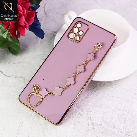 Samsung Galaxy A71 Cover - Purple - Electroplated Edges Soft Silicone Flower Chain Finger Holder Case