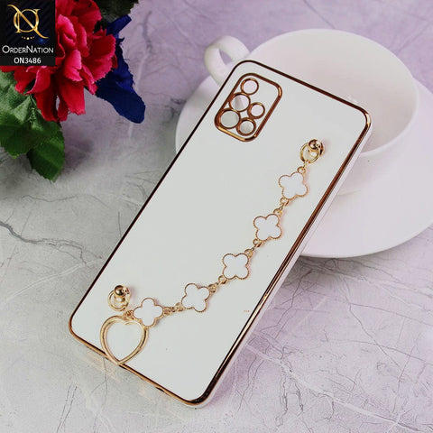 Samsung Galaxy A71 Cover - White - Electroplated Edges Soft Silicone Flower Chain Finger Holder Case
