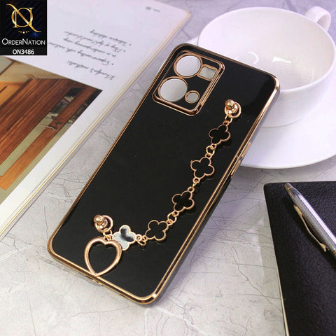 Oppo F21 Pro 4G Cover - Black - Electroplated Edges Soft Silicone Flower Chain Finger Holder Case