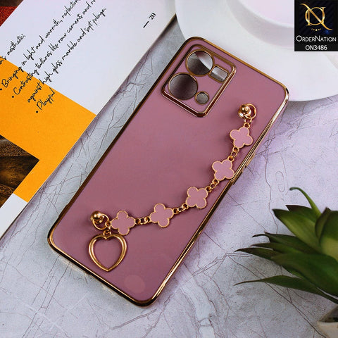 Oppo F21 Pro 4G Cover - Mauve - Electroplated Edges Soft Silicone Flower Chain Finger Holder Case