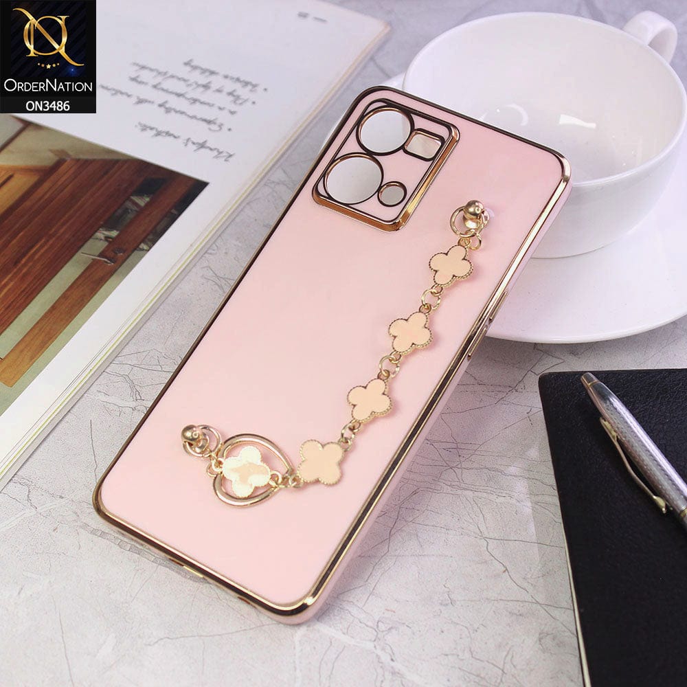 Oppo F21 Pro 4G Cover - Pink - Electroplated Edges Soft Silicone Flower Chain Finger Holder Case