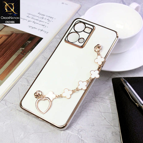 Oppo F21 Pro 4G Cover - White - Electroplated Edges Soft Silicone Flower Chain Finger Holder Case