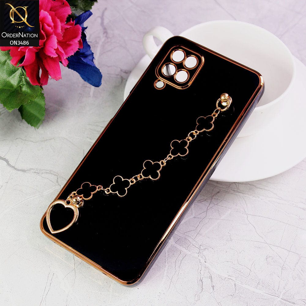 Samsung Galaxy A12 Cover - Black - Electroplated Edges Soft Silicone Flower Chain Finger Holder Case