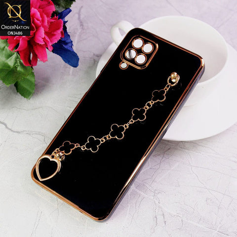 Samsung Galaxy A12 Nacho Cover - Black - Electroplated Edges Soft Silicone Flower Chain Finger Holder Case