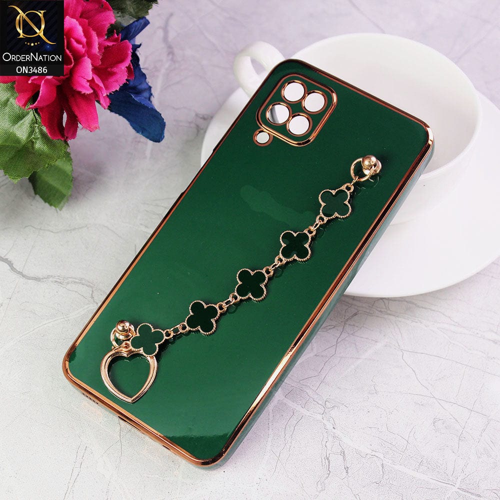 Samsung Galaxy A12 Cover - Green - Electroplated Edges Soft Silicone Flower Chain Finger Holder Case