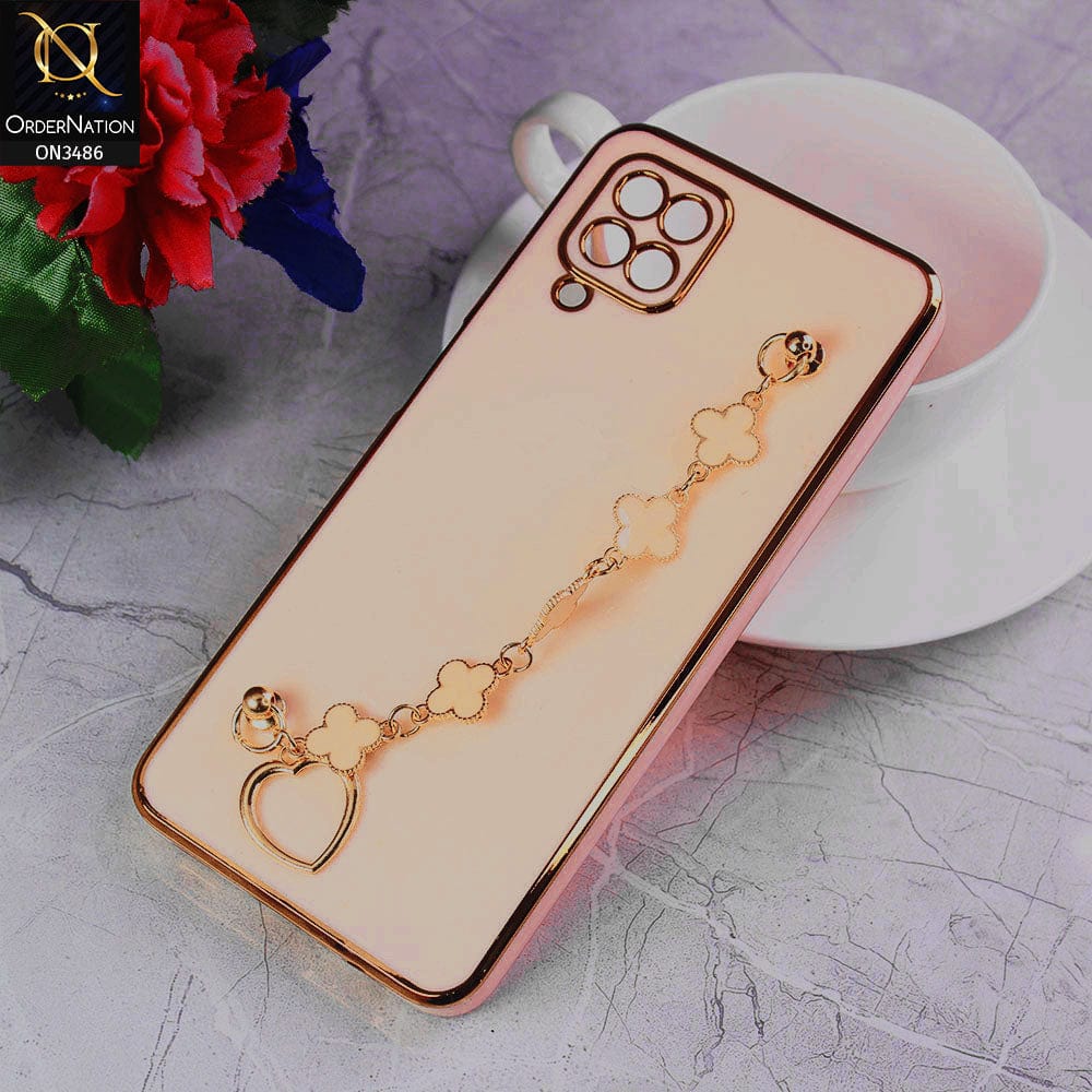 Samsung Galaxy A12 Cover - Pink - Electroplated Edges Soft Silicone Flower Chain Finger Holder Case